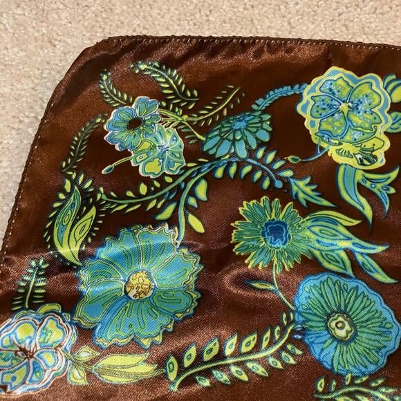 Brown and blue green floral satin square scarf neckerchief, bohemian boho chic - Picture 5 of 9